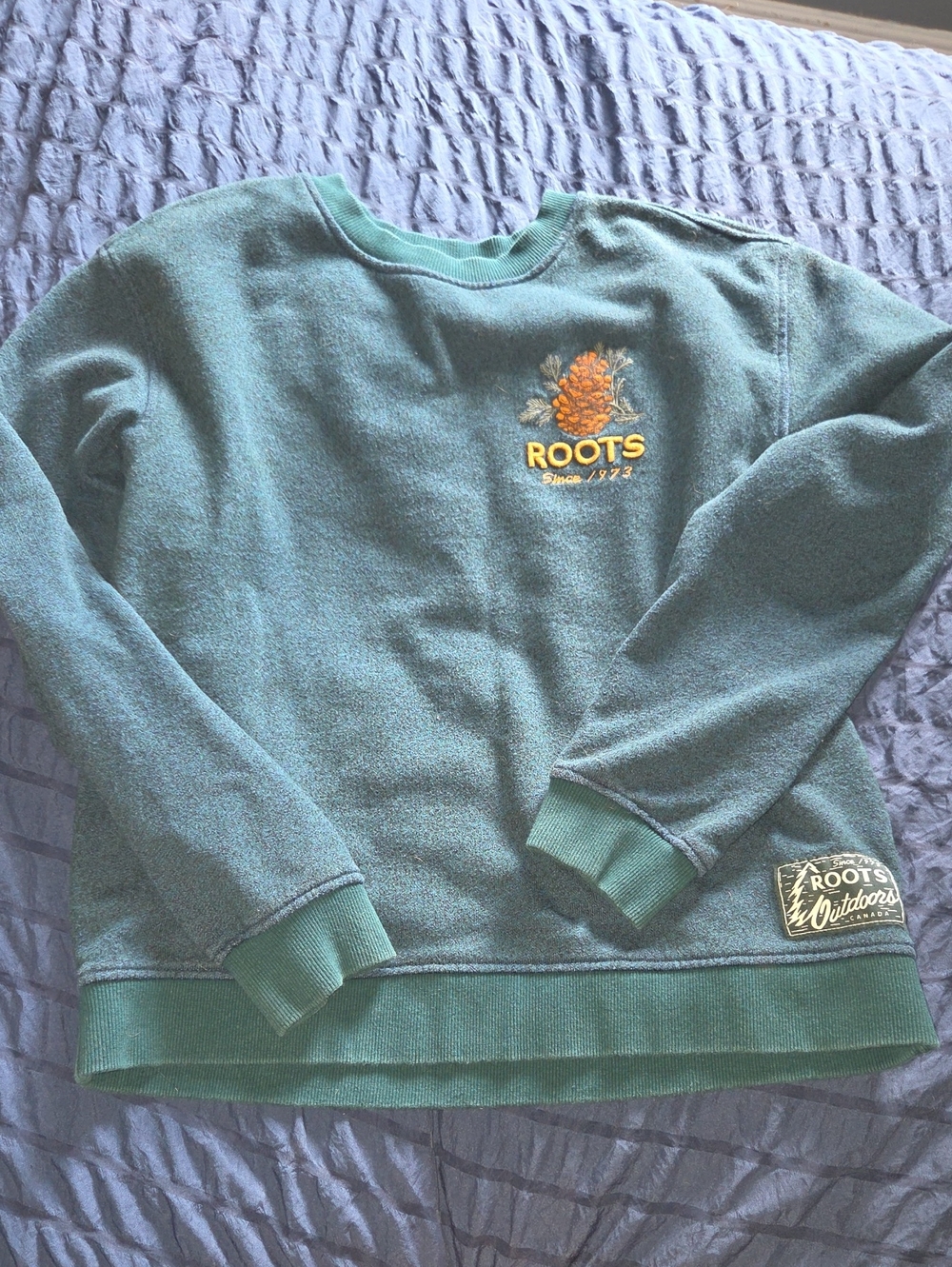 Roots Ladies Teal Crewneck Sweater with Pinecone Patch